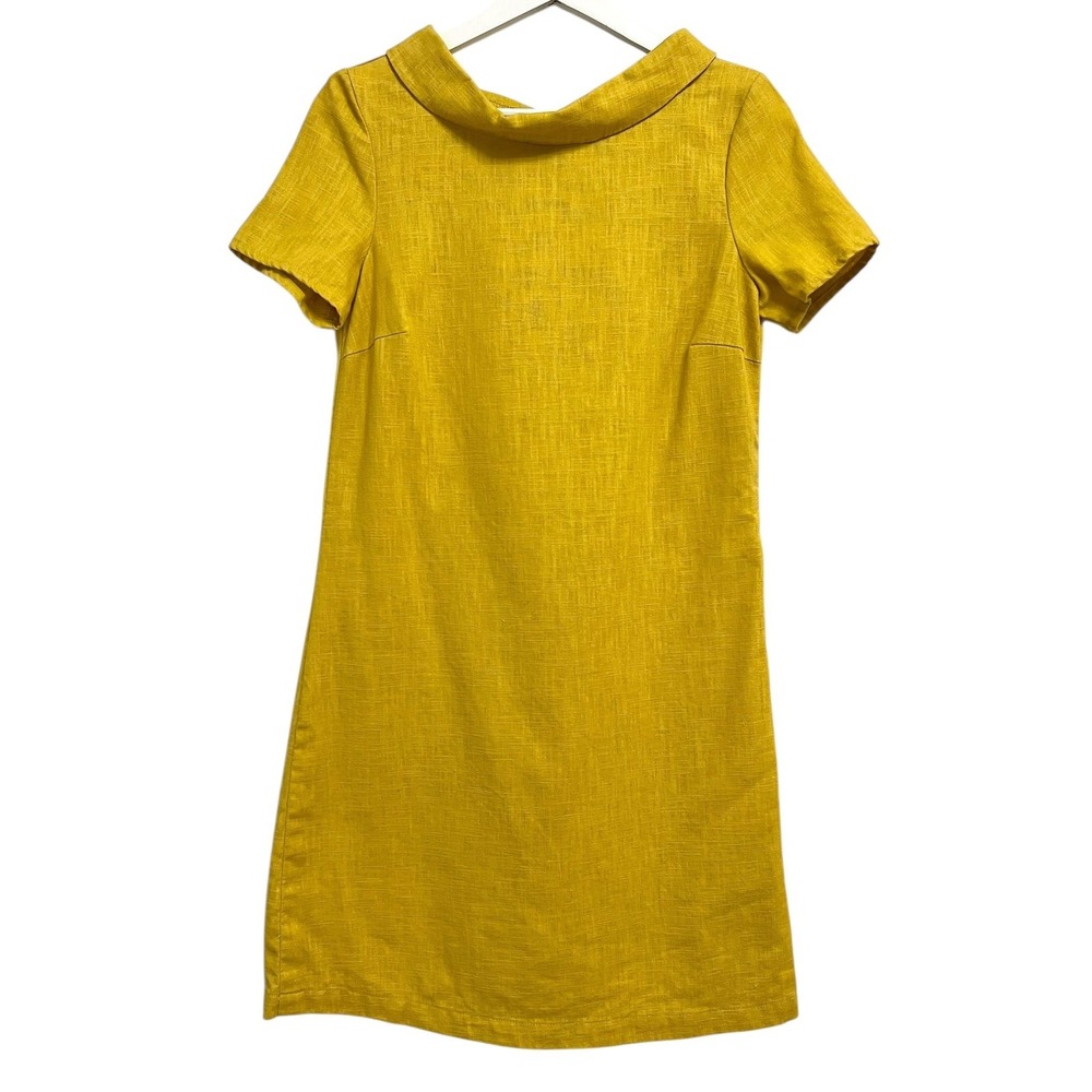 LeMuse Dress Womens‎ XS Yellow Mustard Linen Blend Bow Back Short Sleeve Shift